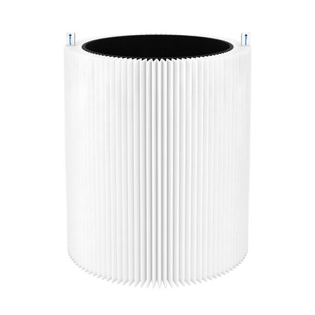 Zylindrischer Filter mit weißem, gefaltetem Material. Schwarze Oberseite. Blaue Halterungen.