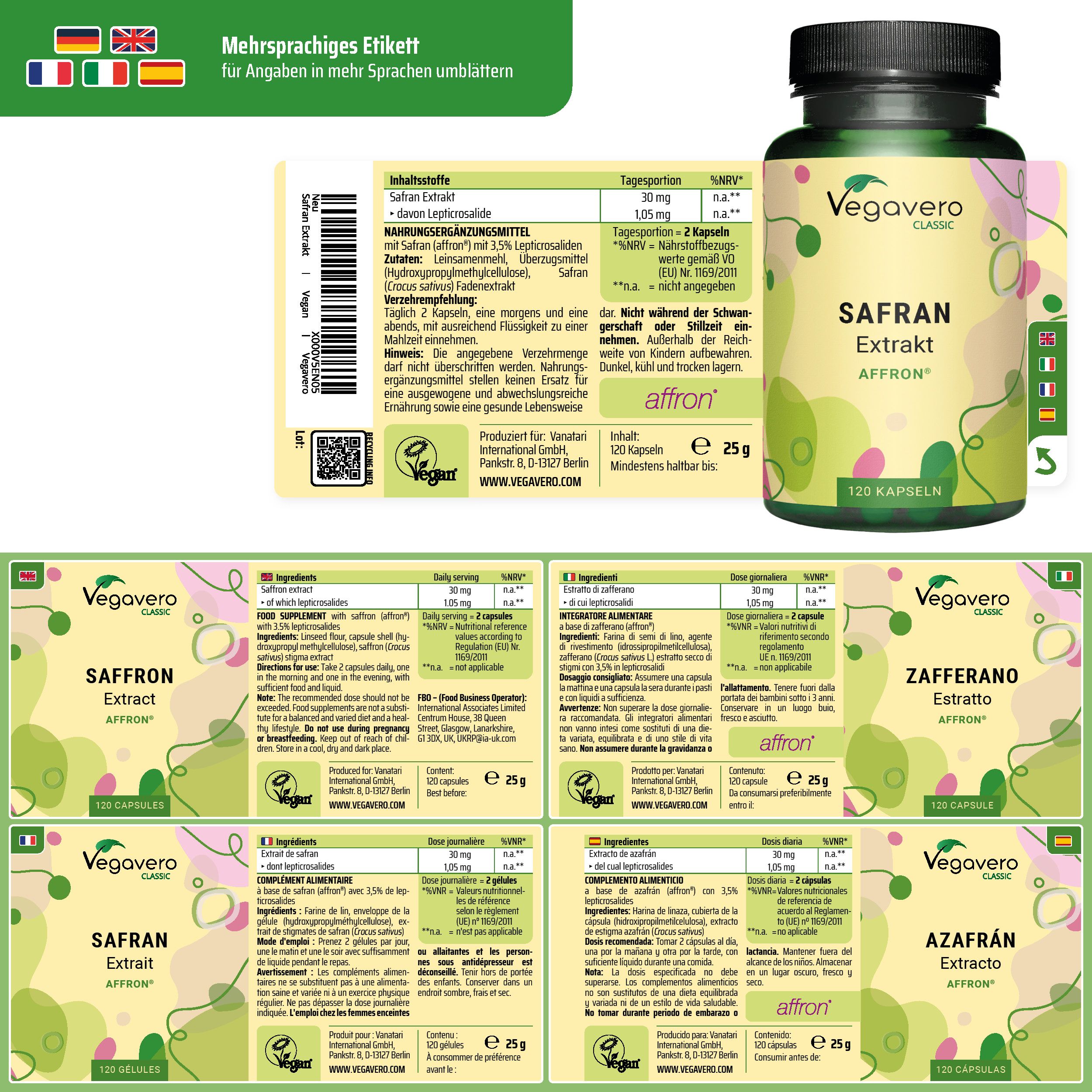 Mehrsprachiges Etikett mit Informationen in verschiedenen Sprachen. Flasche mit Safran Extrakt, 120 Kapseln. Vegavaro Classic.