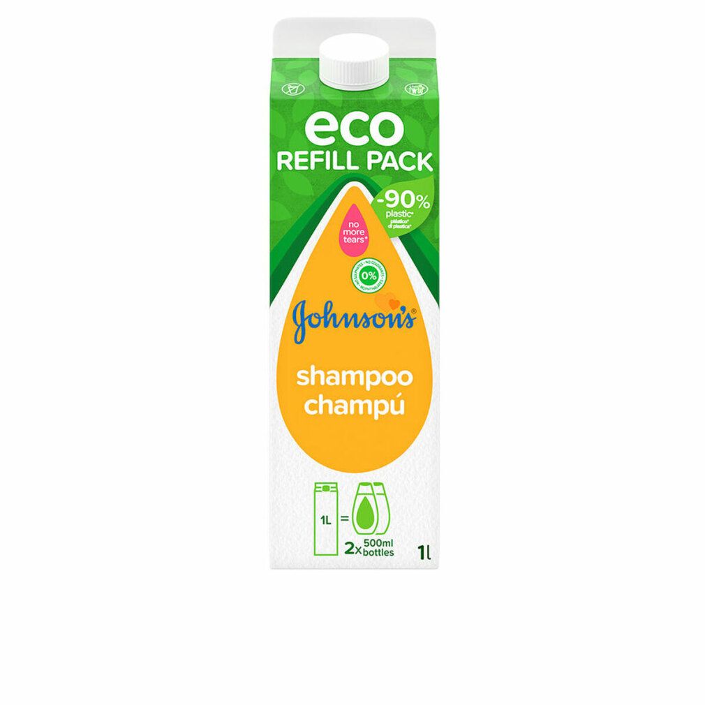 Nachfüllpackung mit weißem Deckel. Grün-weiße Verpackung mit "eco REFILL PACK"-Logo. "Johnson's shampoo champú"-Logo.