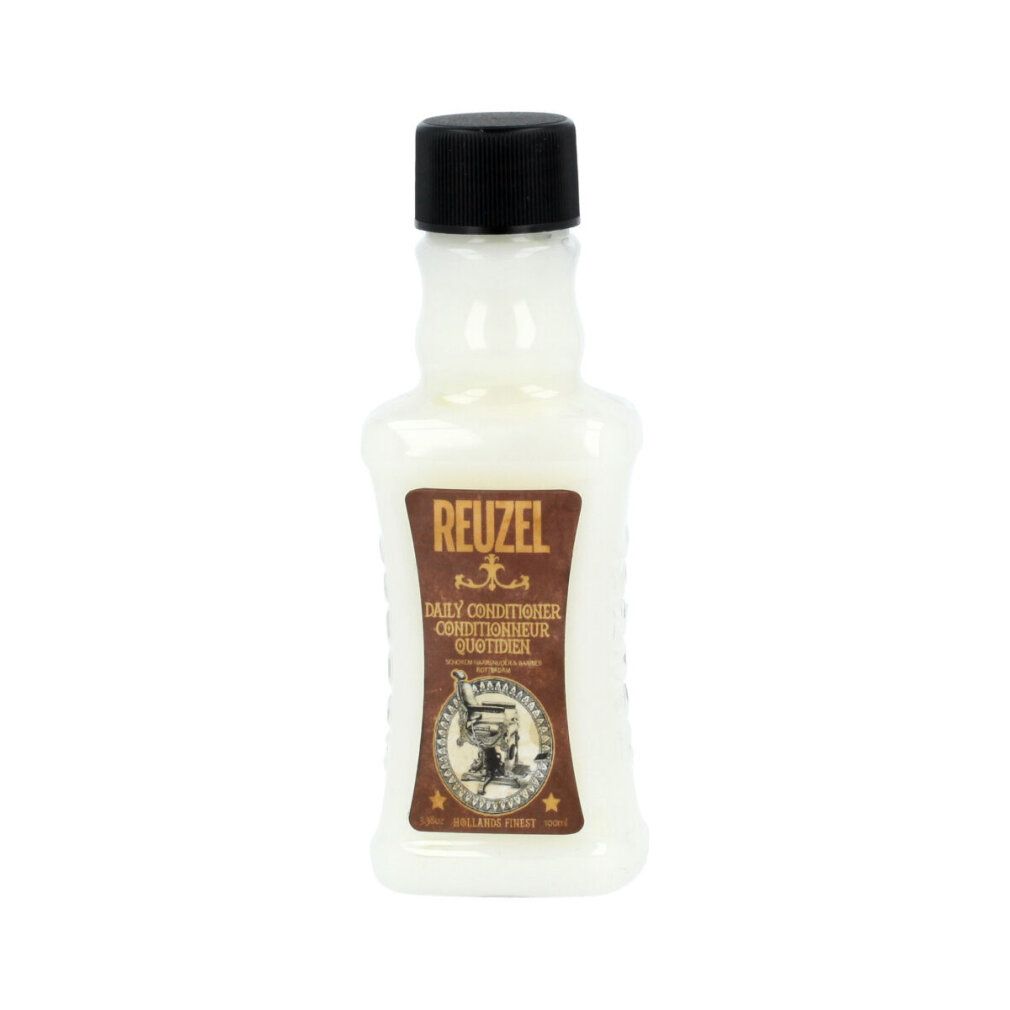 Reuzel Daily Conditioner Flasche. Weißes Produkt mit braunem Etikett und schwarzem Deckel. Text: Daily Conditioner.