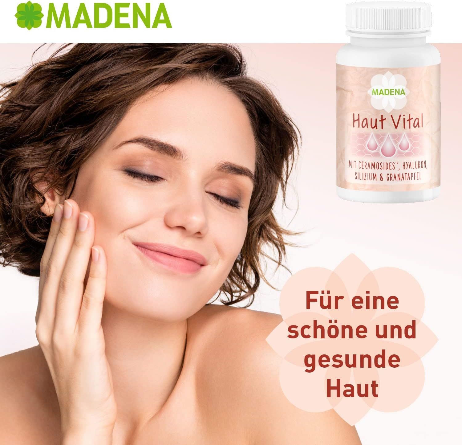 Frau berührt ihr Gesicht. Rechts: MADENA Haut Vital Kapseln. Text: Für eine schöne und gesunde Haut.