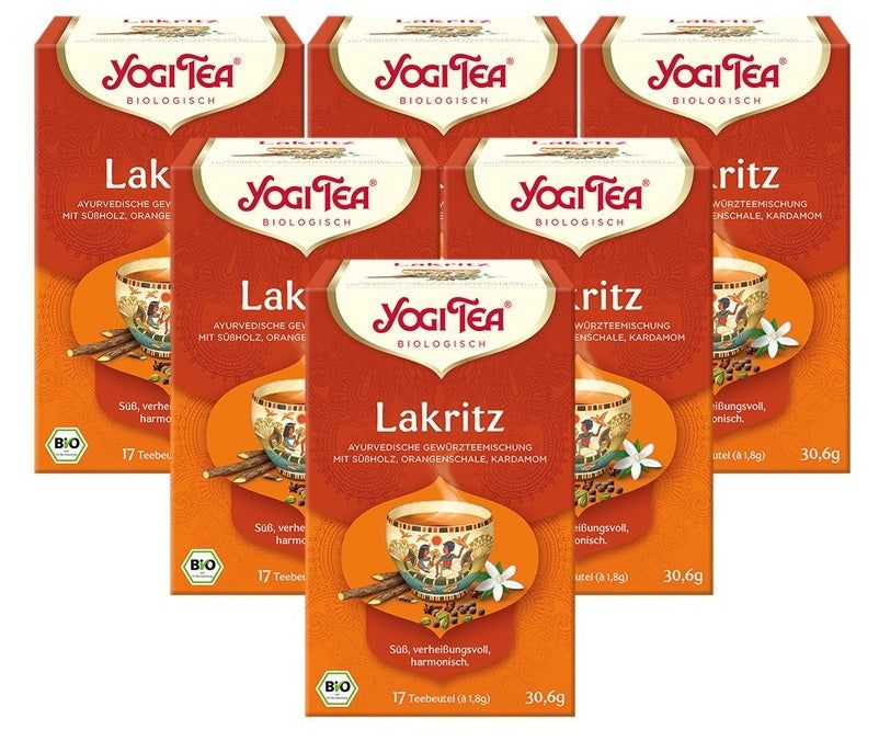 Mehrere Packungen Yogi Tea Lakritz Bio Gewürztee. Rote Verpackung mit Logo und Produktbezeichnung. 17 Teebeutel, 30,6g. Bio-Siegel.