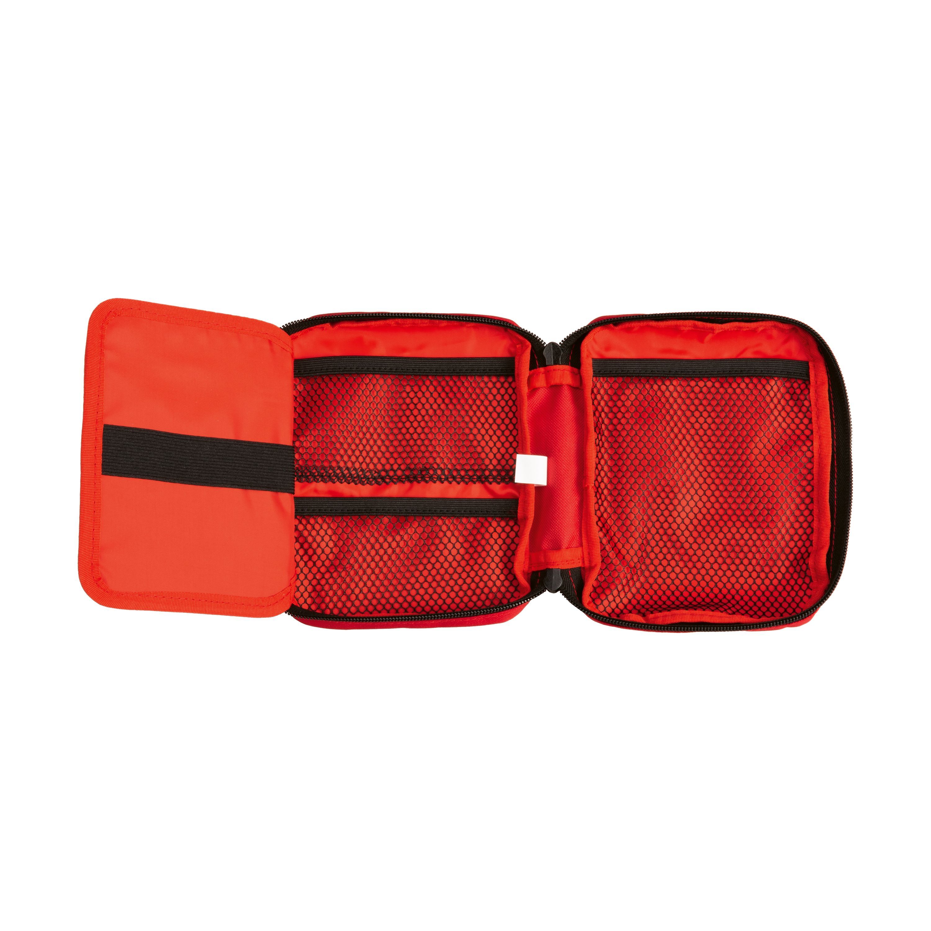 Offene rote Erste Hilfe Tasche. Innenfächer mit schwarzen Netztaschen. Schwarze Umrandung und Reißverschluss.