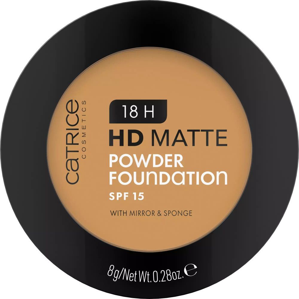 Catrice 18H HD Matte Puder Foundation. Runde, schwarze Dose, geschlossen. Produktinformationen auf dem Deckel.