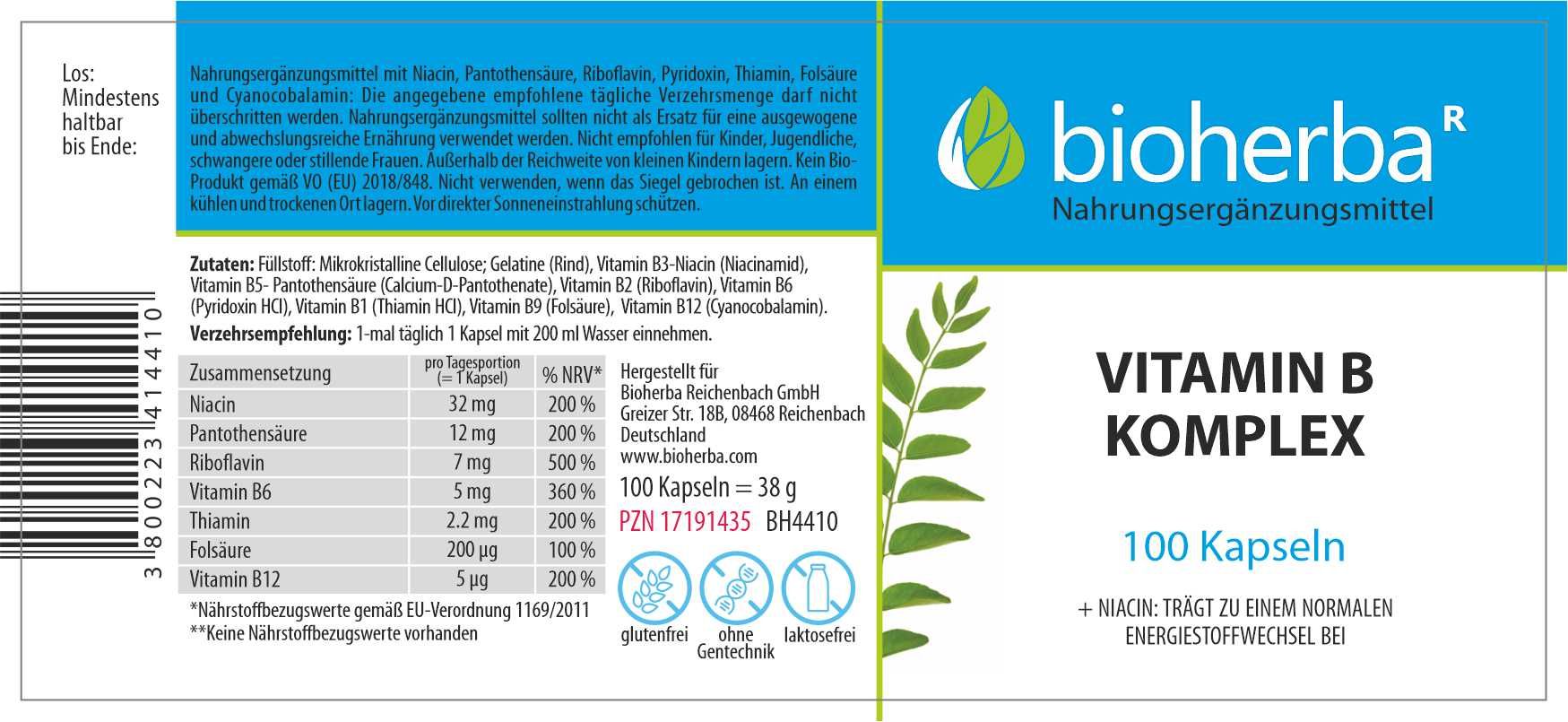 Etikett mit Produktinformationen. "Bioherba Vitamin B Komplex" mit Inhaltsstoffen und Nährwertangaben. 100 Kapseln.