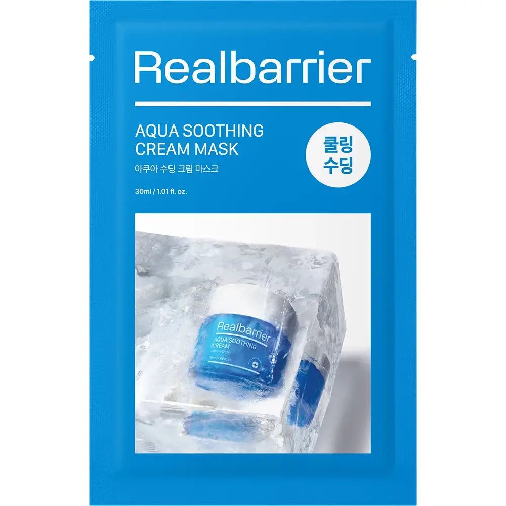 Blaues Produkt-Päckchen mit weißem Fenster. Aufschrift: Realbarrier, Aqua Soothing Cream Mask. Produkt in Eisblock.