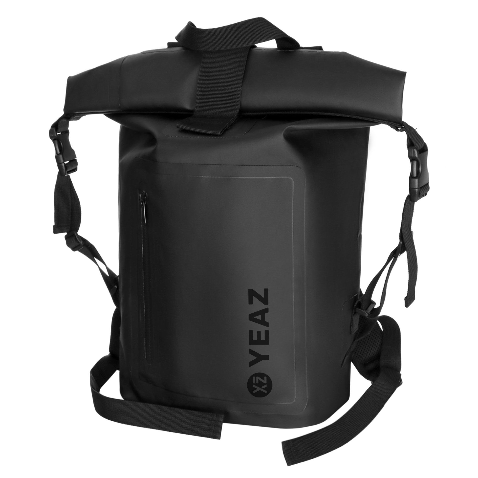 Schwarzer, wasserdichter Rucksack mit Rollverschluss und schwarzem Logo. Seitliche Schnallen und Tragegurte. Marke YEAZ.