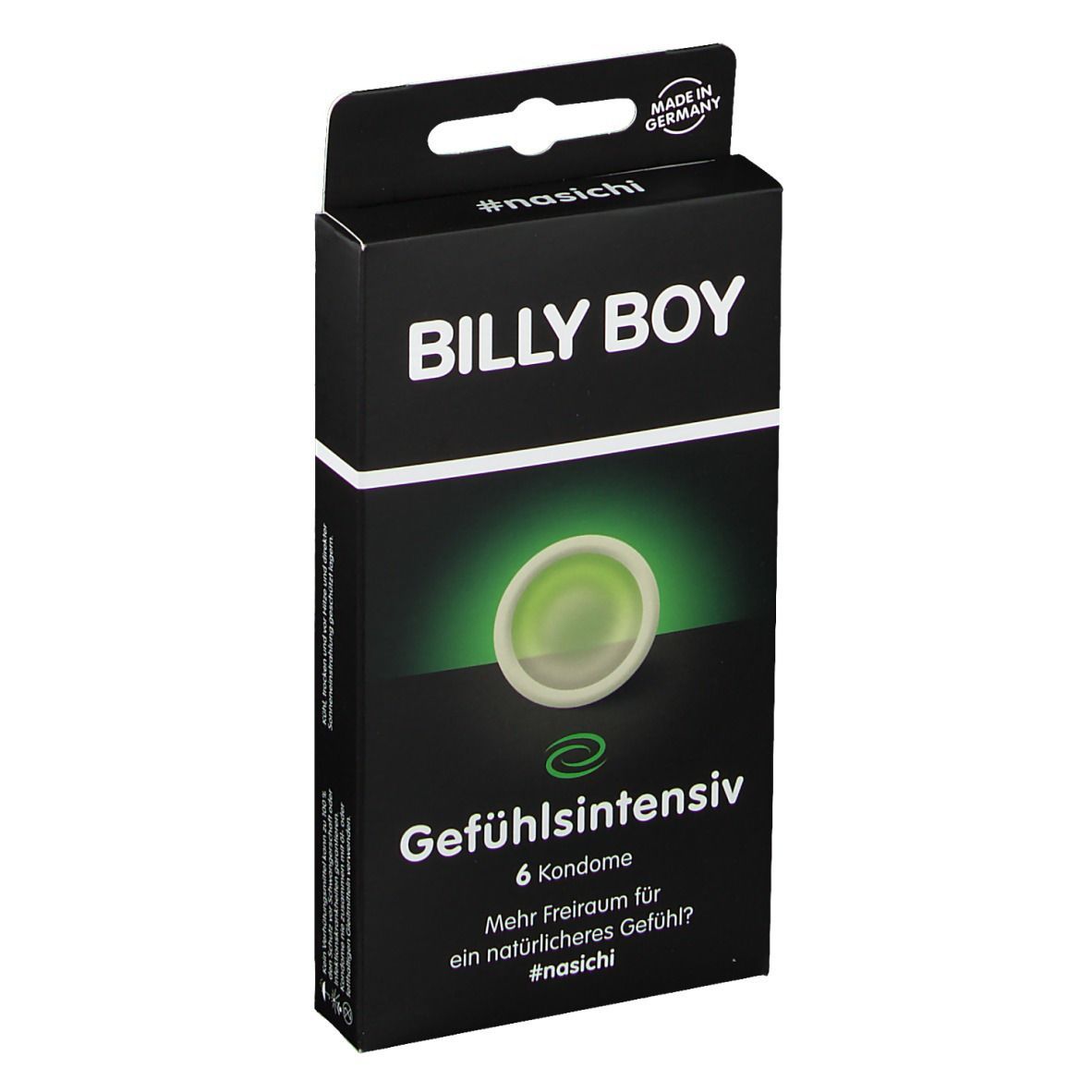 Schwarze Verpackung mit BILLY BOY Logo und Produktbezeichnung. 6 Kondome, Gefühlsintensiv. Made in Germany.