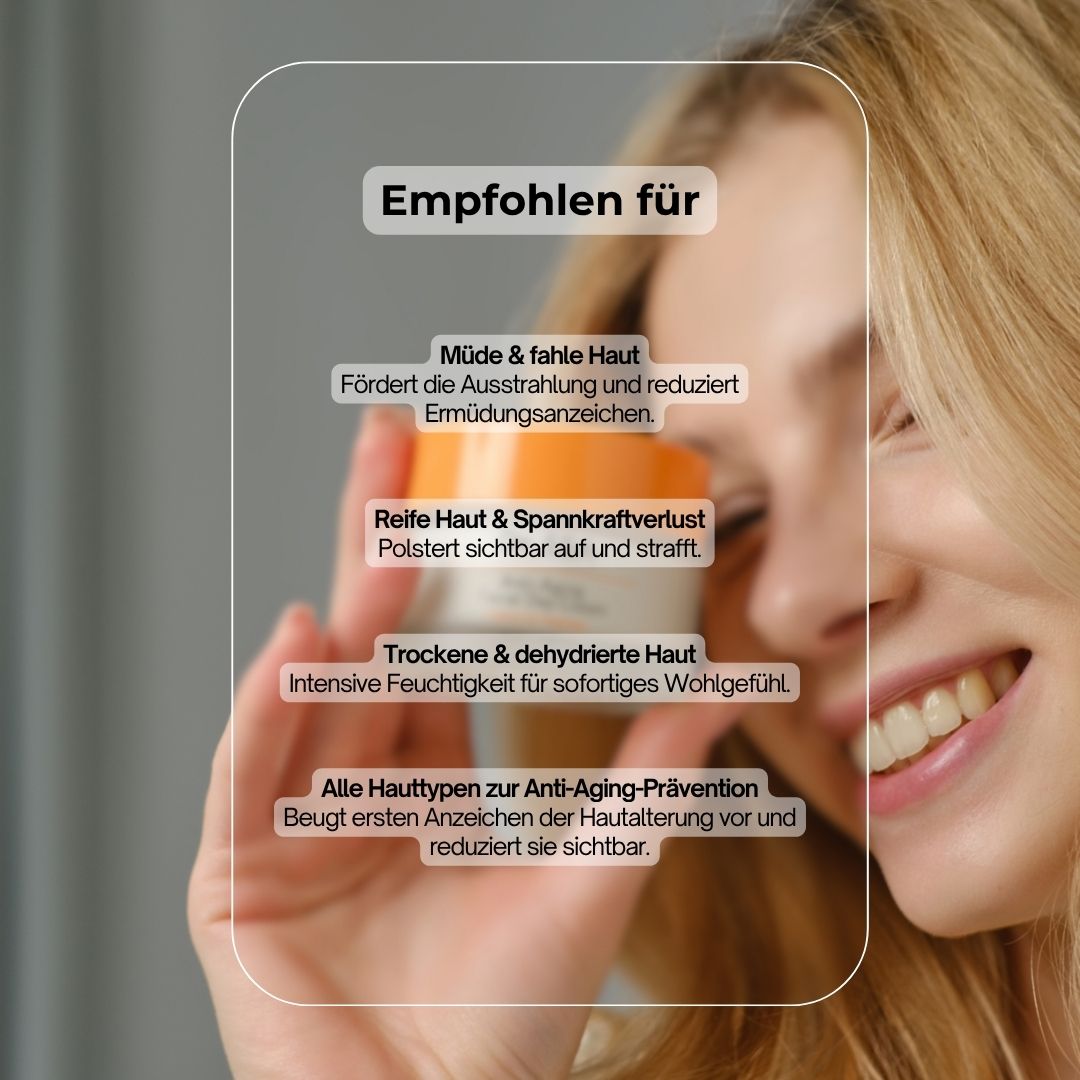 Frau hält Creme-Tiegel. Text: Empfohlen für müde Haut, reife Haut, trockene Haut. Anti-Aging-Prävention.