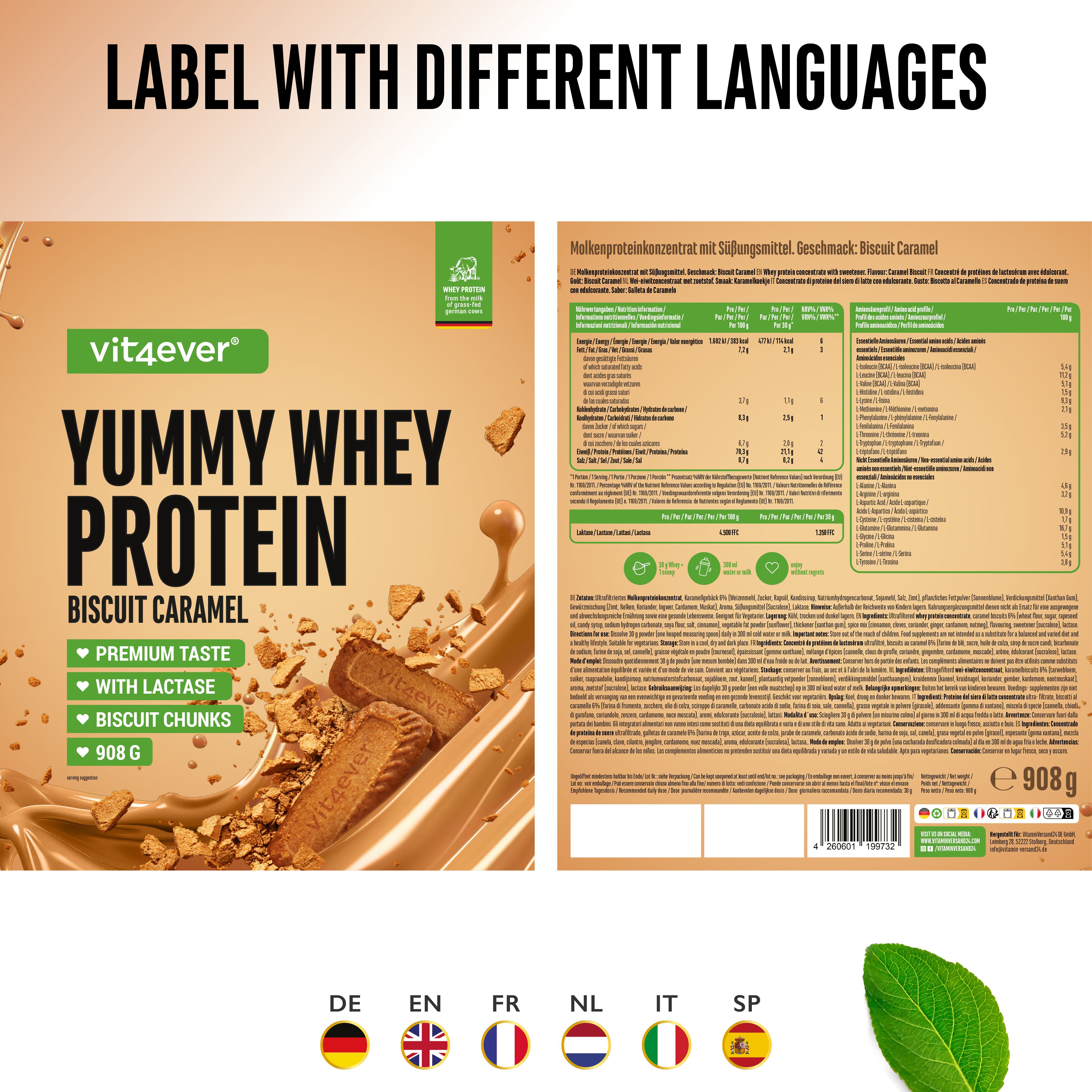 Produktverpackung von Yummy Whey Protein, Geschmack Biscuit Caramel. Mit Etiketten in verschiedenen Sprachen, darunter Deutsch, Englisch, Französisch.
