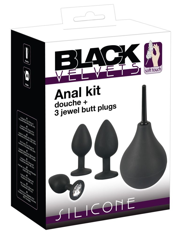 Verpackung mit Produktnamen 'Black Velvets'. Enthält Anal-Kit mit Irrigator und Plugs. Aus Silikon.