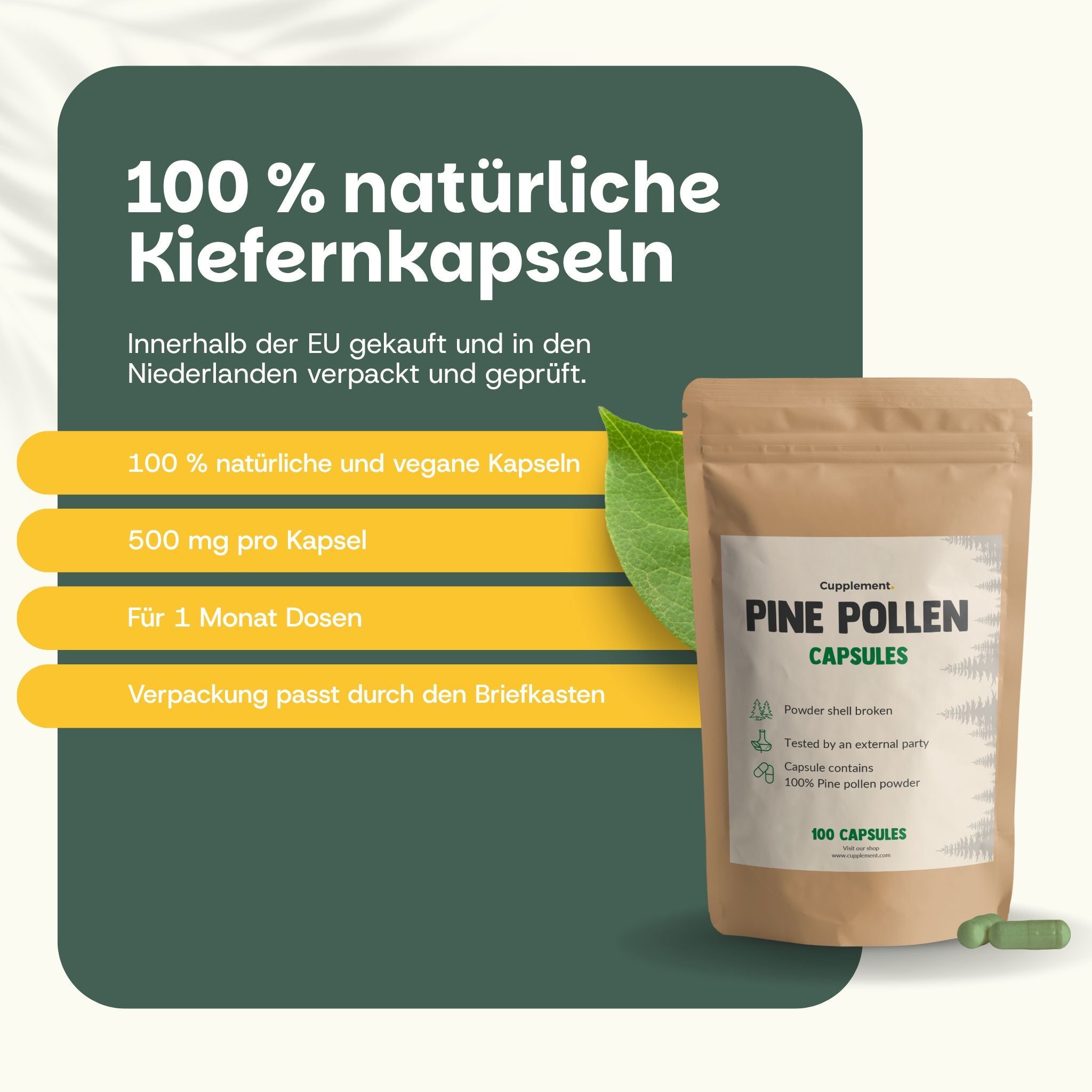 Text mit gelben Balken und Text. 100% natürliche und vegane Kapseln, 500 mg pro Kapsel, für 1 Monat Dosen. Kiefernpollen-Kapseln, 100 Capsules.