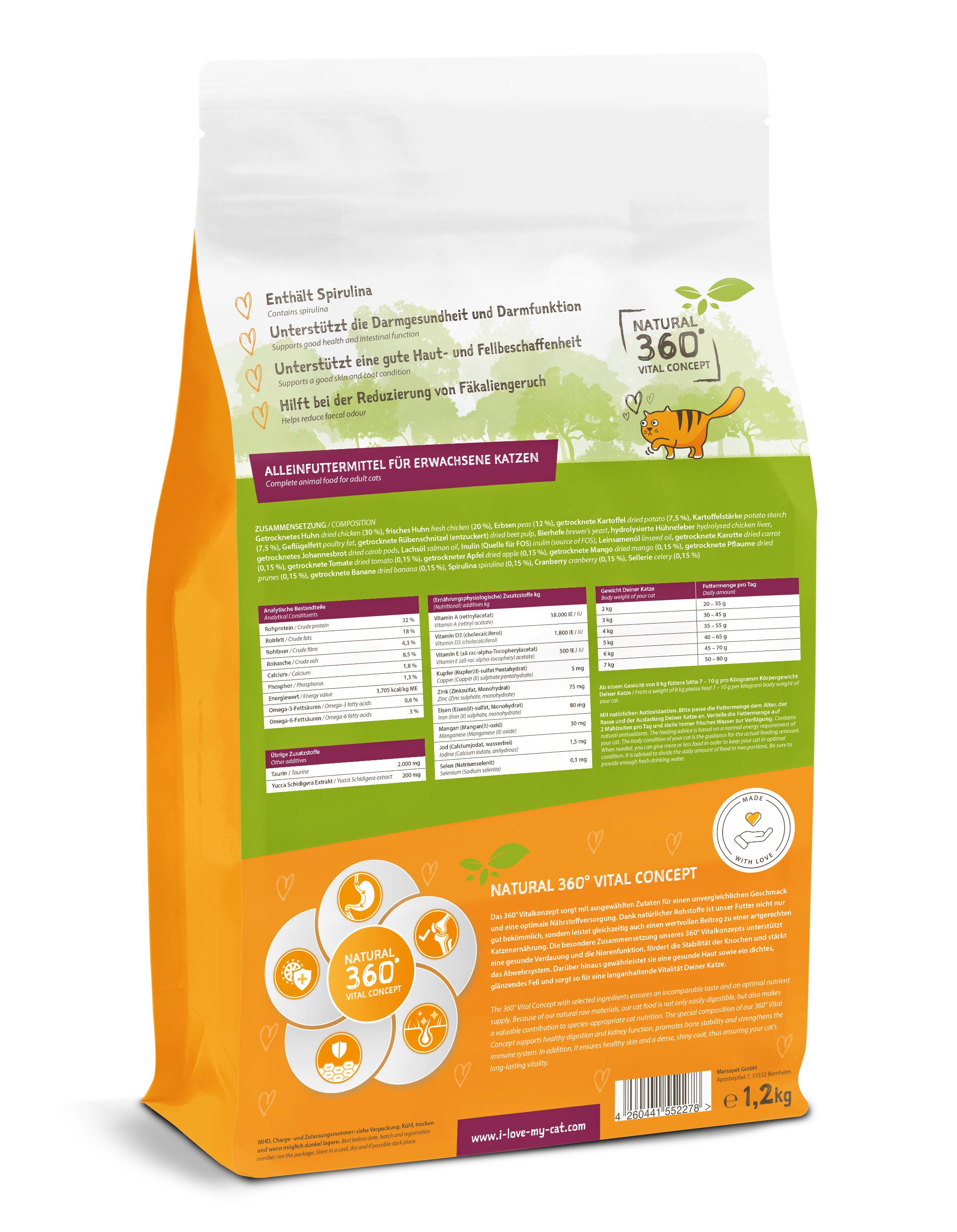 Rückseite der Trockenfutter-Verpackung "I love my cat" mit Huhn. Orange-weiß. Text und Nährwertangaben. 1,2 kg.