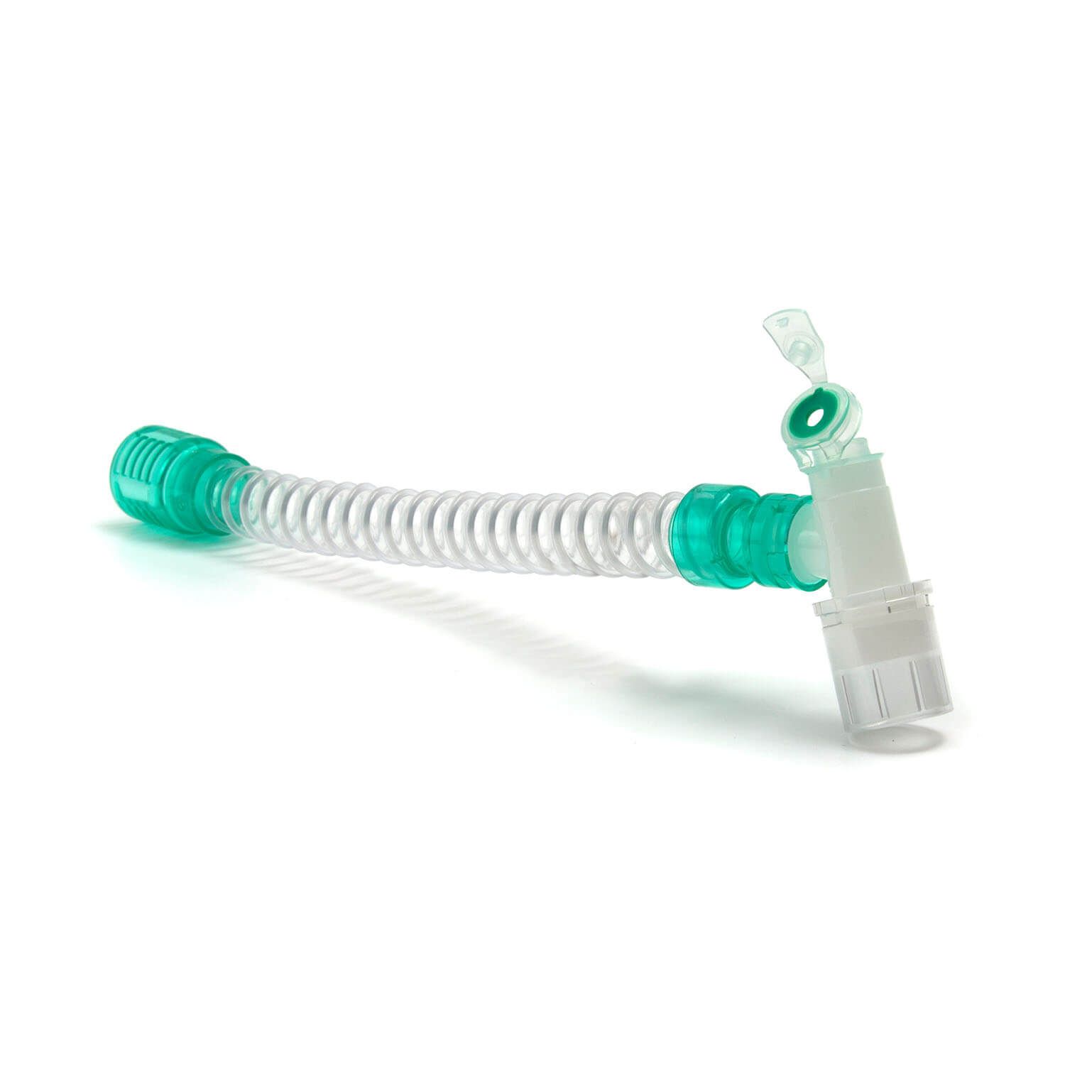 Flexibler, geriffelter Schlauch mit grünen Anschlüssen und weißem Drehkonnektor mit Flip-Top-Kappe.