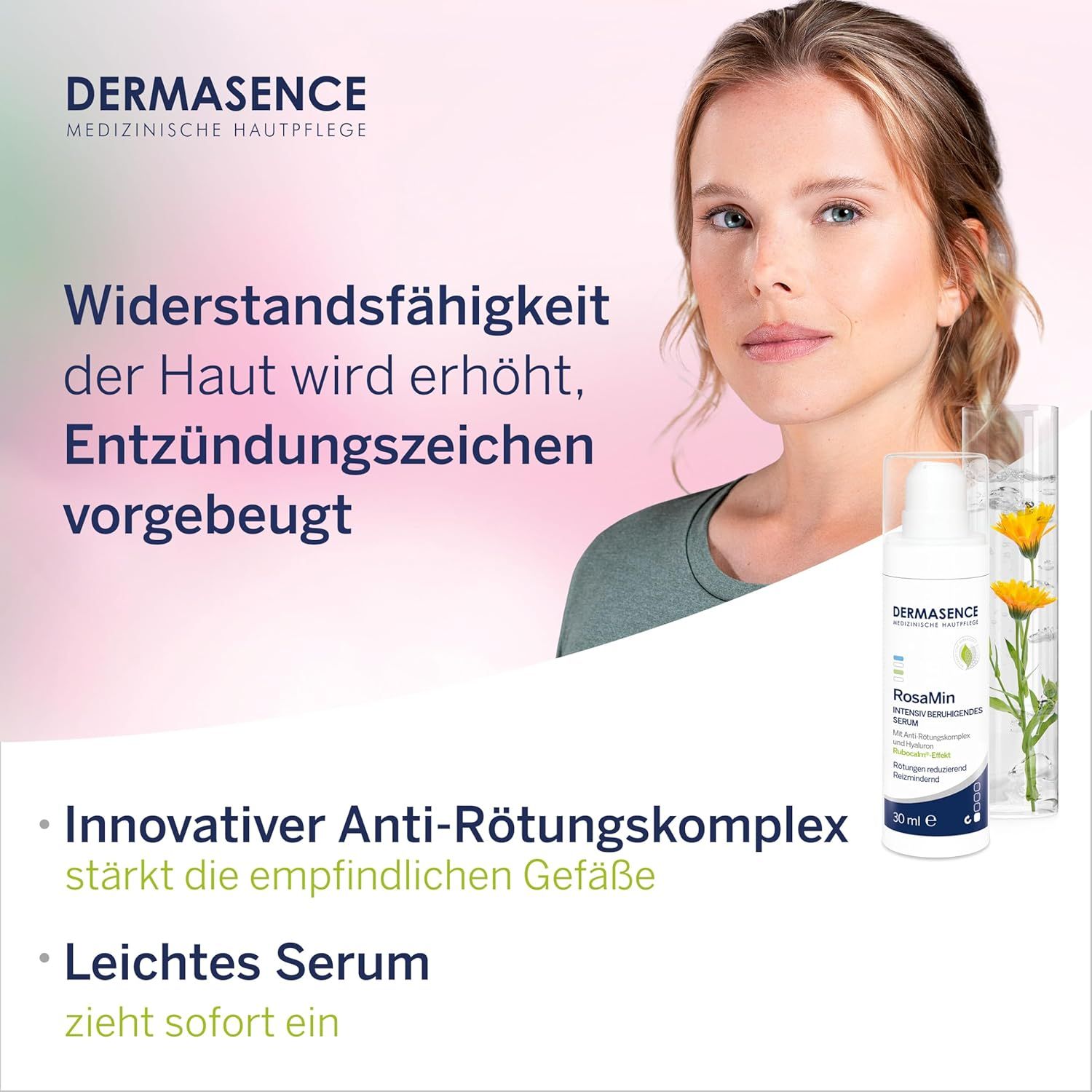 Frau mit Serumflasche und Pflanzen. Text: Innovativer Anti-Rötungskomplex. Leichtes Serum.