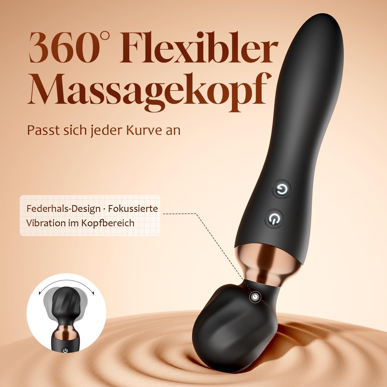 Schwarzer Vibrator mit flexiblem Massagekopf, der sich jeder Kurve anpasst. Federhals-Design.