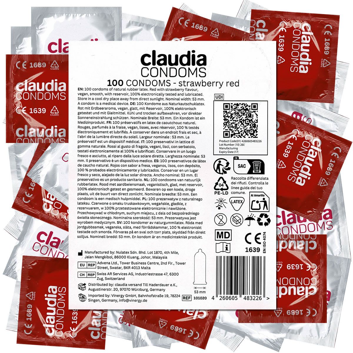 100 Claudia Kondome, Erdbeerrot, aus Naturkautschuklatex, mit Reservoir.
