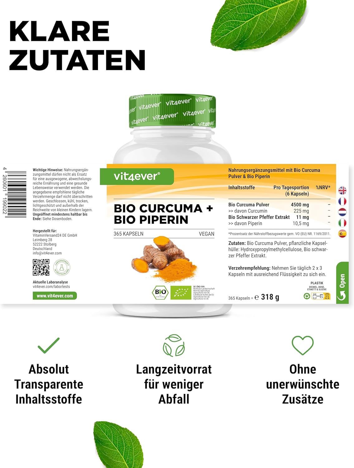 Vit4ever Bio Curcuma + Bio Piperin Dose mit detailliertem Nährwert- und Zutatenetikett.