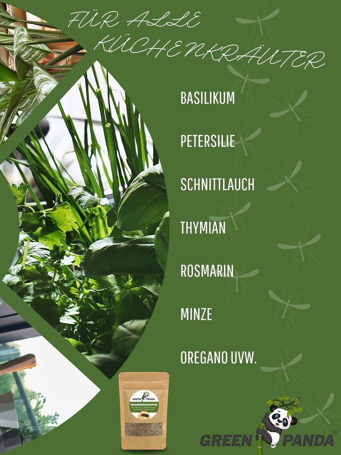 Grüner Hintergrund mit Text für Küchenkräuter. Enthält eine Packung GreenPanda Trauermücken-Frei. Kräuter wie Basilikum, Petersilie, Schnittlauch.