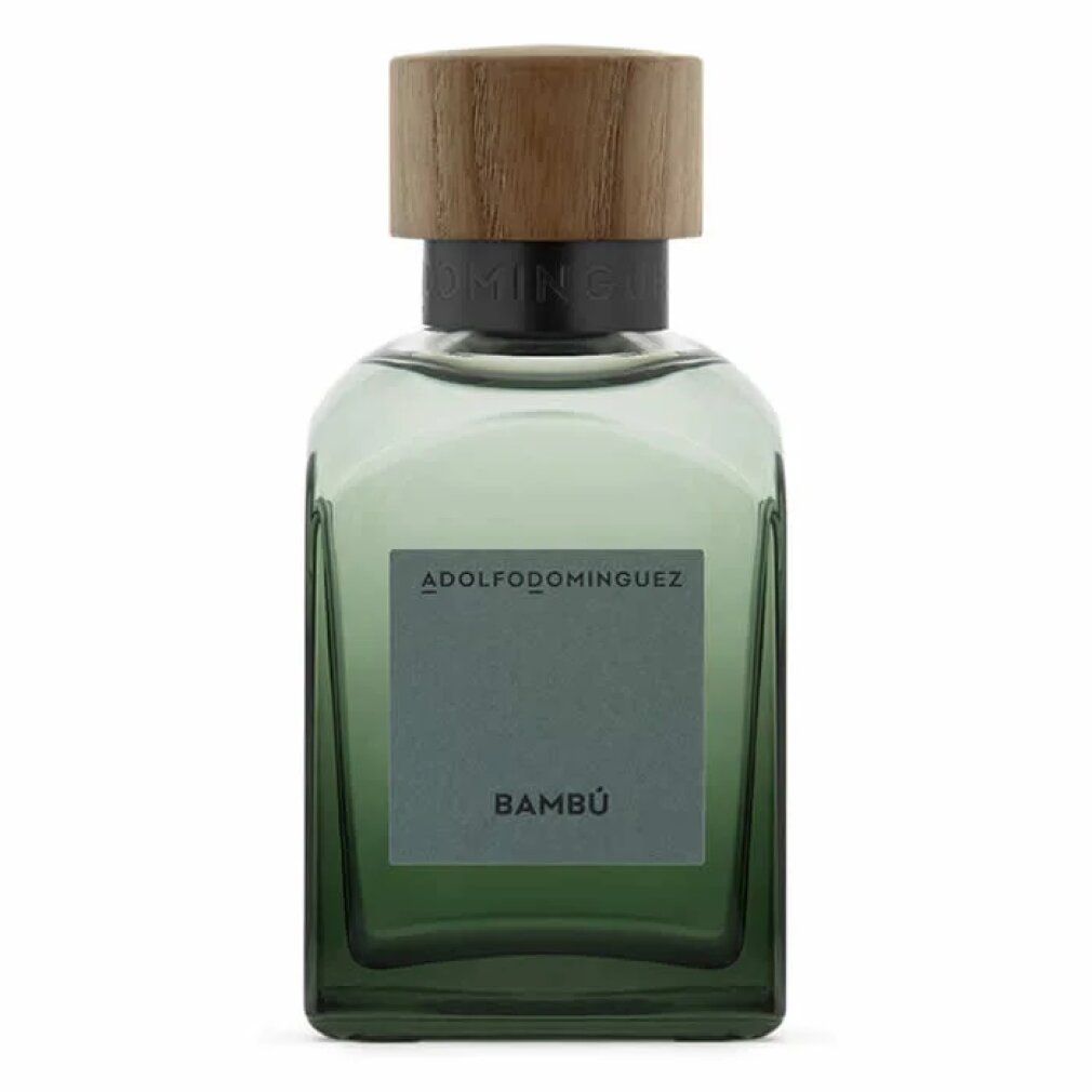 Grüne rechteckige Flasche mit Holzdeckel. Auf dem Etikett steht "Bambú". Marke ADOLFO DOMINGUEZ.