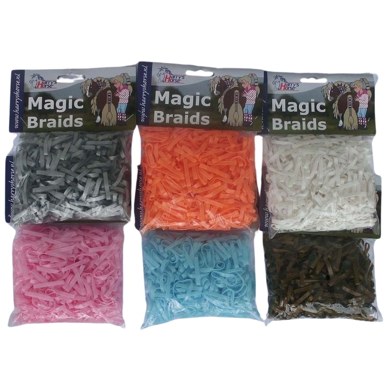 Mehrfarbige Haargummis in Plastikverpackung. Aufschrift "Magic Braids" und Logo von Harry's Horse.