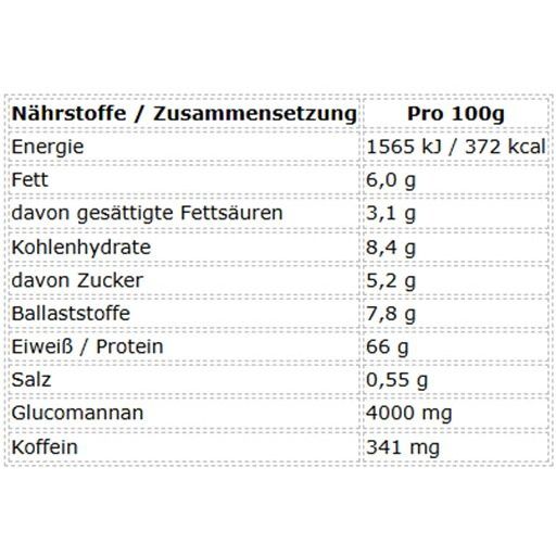 Nährwerttabelle mit Angaben pro 100g: Energie, Fett, Kohlenhydrate, Zucker, Ballaststoffe, Eiweiß, Salz, Glucomannan, Koffein.