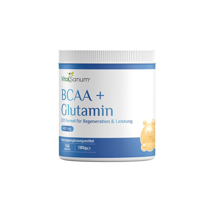 Weißes VitaSanum®-Behälter mit blauem Band. Aufschrift: BCAA + Glutamin. 185g, 150 Portionen. Mit Logo.