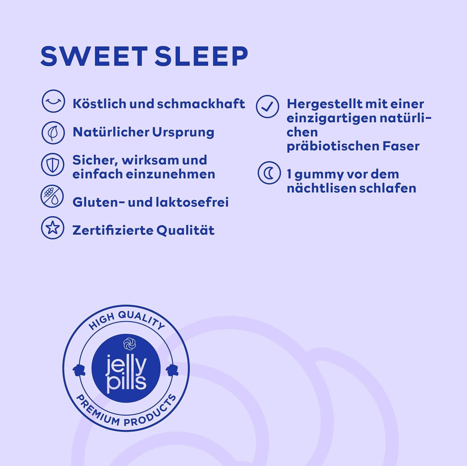 Text auf hellblauem Hintergrund. Aufschrift: Sweet Sleep. Qualitätsmerkmale: köstlich, natürlich, sicher, glutenfrei, zertifiziert.