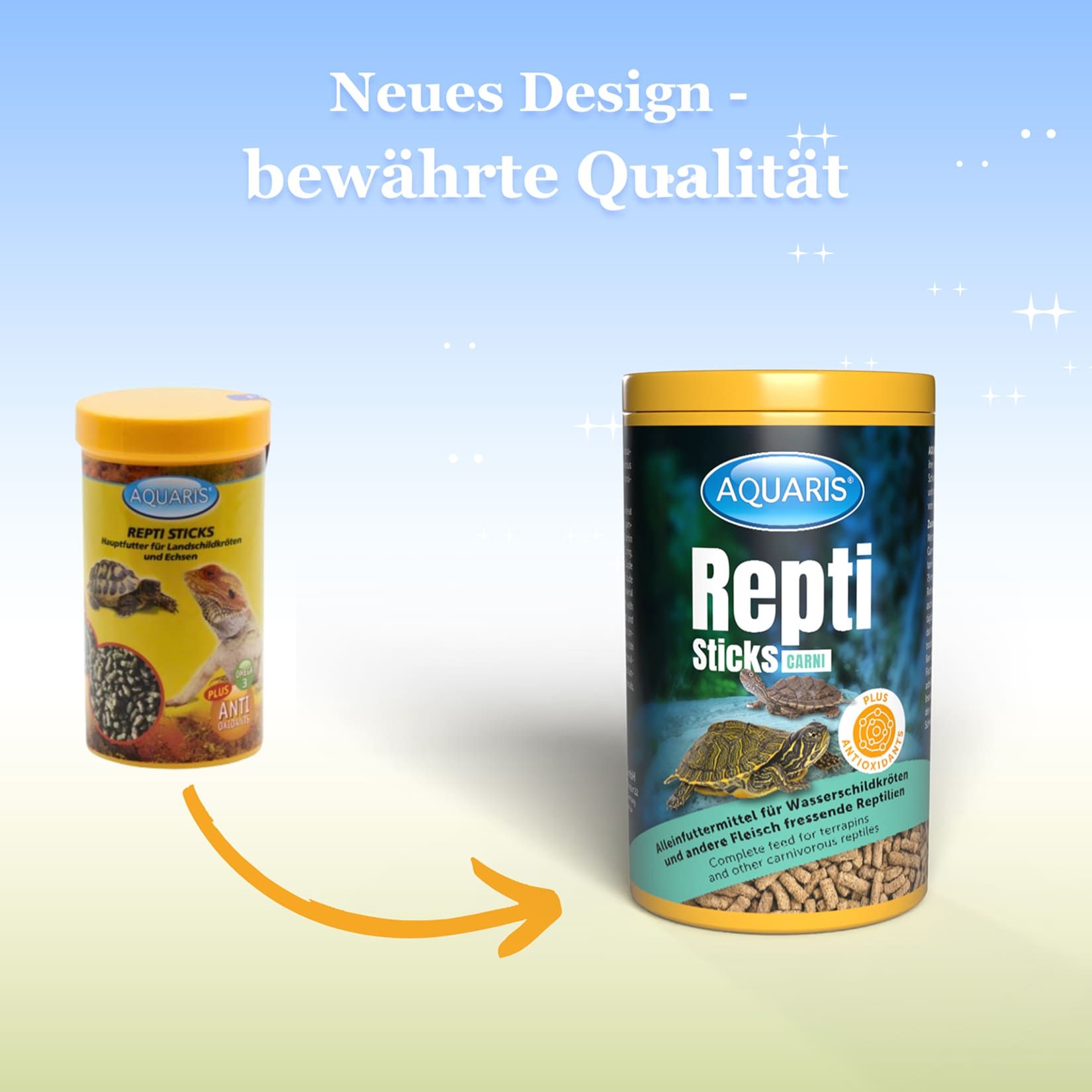 Zwei Dosen AQUARIS Repti Sticks. Eine Dose zeigt das Produkt, die andere die neue Verpackung. Text: Neues Design - bewährte Qualität.
