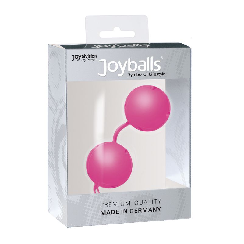 Rosa Joyballs® Trend in Verpackung. Zwei Kugeln, verbunden, in Box mit Sichtfenster. Aufschrift: Premium Quality, Made in Germany.