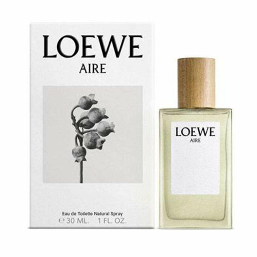 Glasflakon mit Holzverschluss und Verpackung. Aufschrift LOEWE AIRE. Verpackung mit floralem Motiv und Produktinformationen.