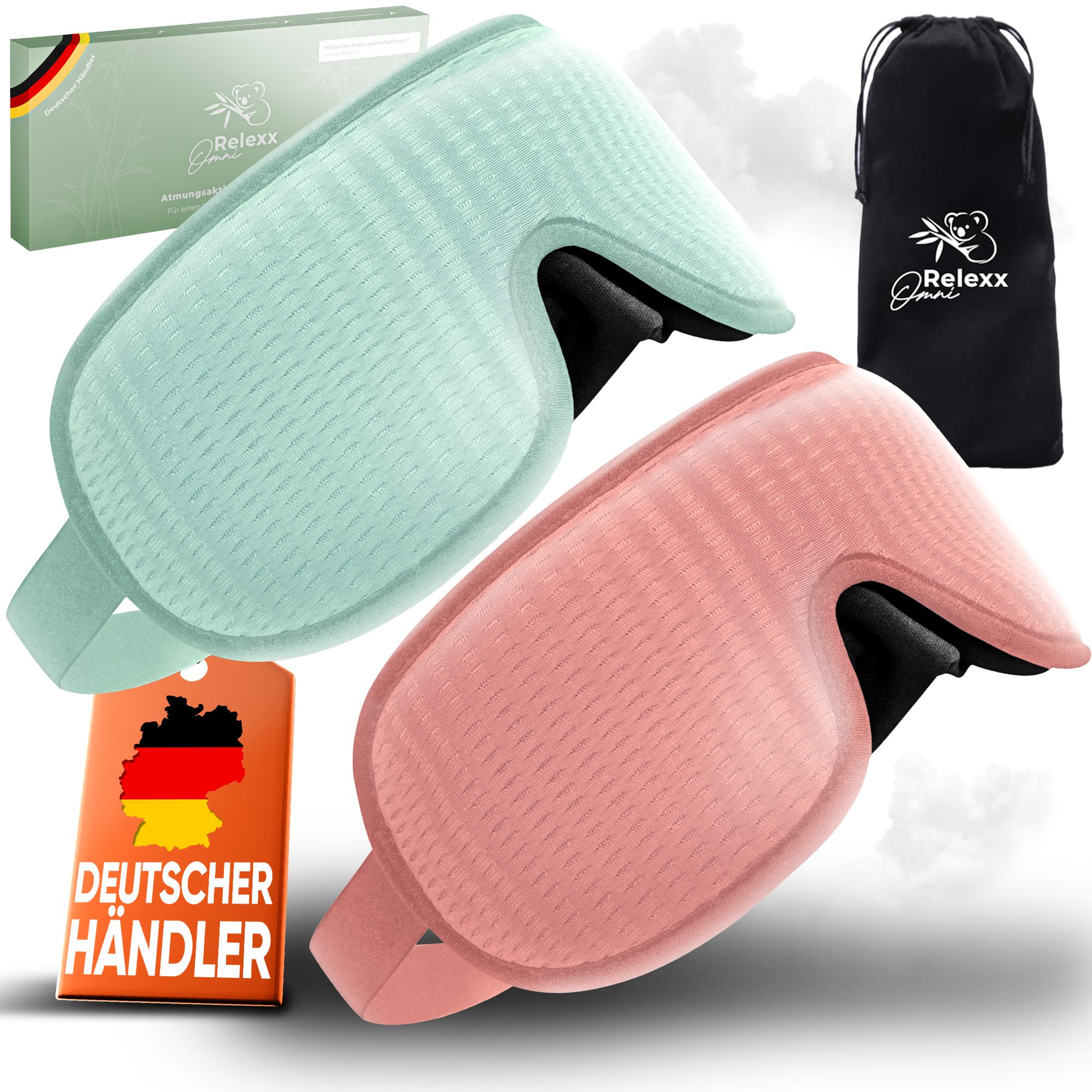 Zwei Schlafmasken, Reisebeutel, Verpackung. Text: Deutscher Händler. Relexx Omni Logo. Beste Wahl.