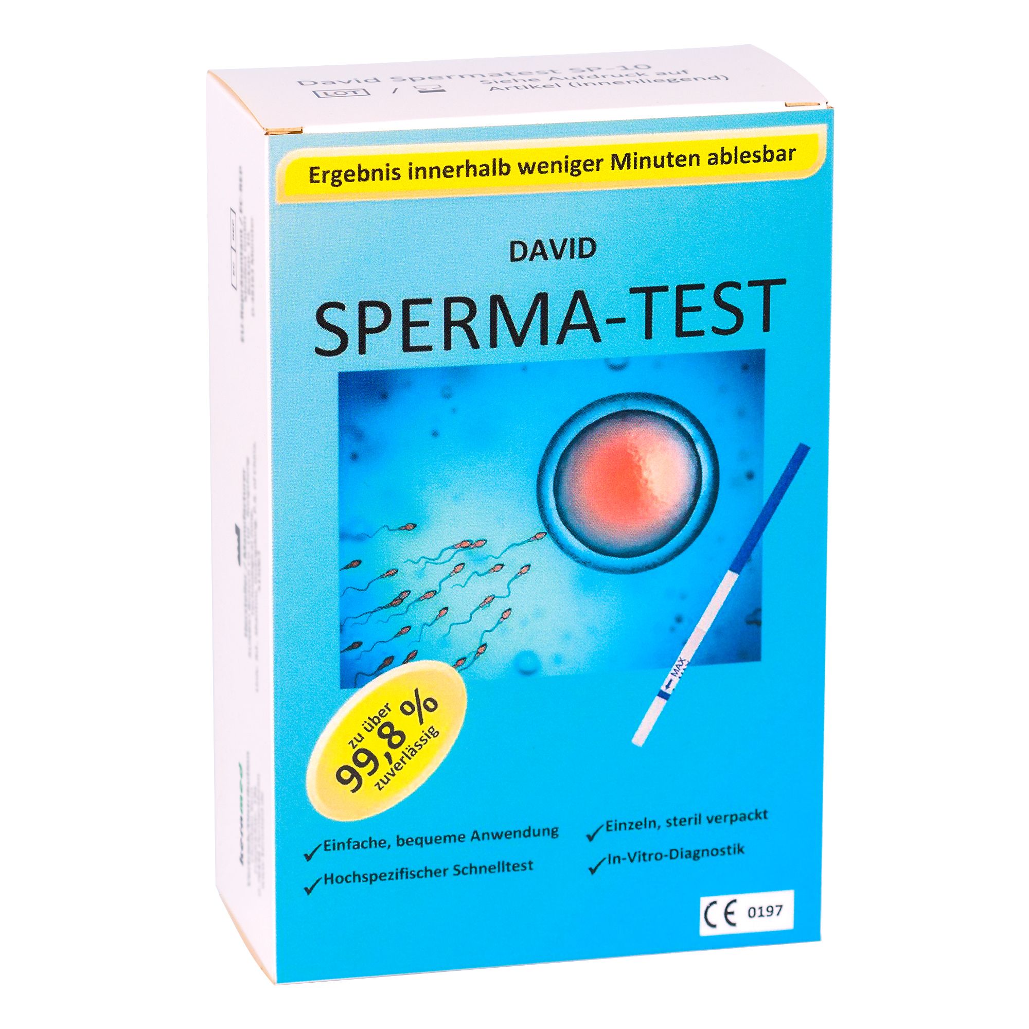 Blau-weiße Verpackung mit Aufschrift SPERMA-TEST. Abbildung von Spermien und einer Eizelle. Text: Ergebnis in wenigen Minuten, 99,8% zuverlässig. CE-Kennzeichnung.