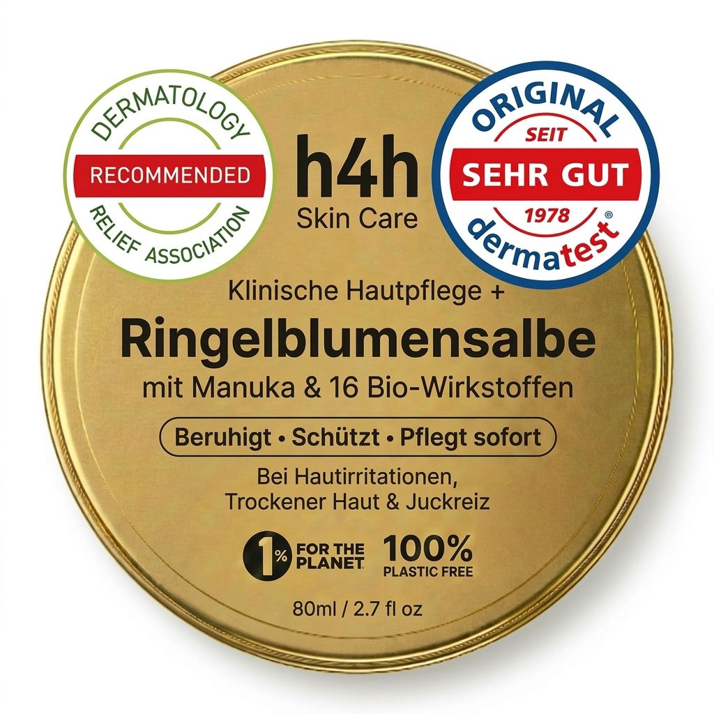 Runde Dose mit goldfarbenem Deckel. Aufschrift: Ringelblumensalbe mit Manuka. Siegel: Dermatest, Dermatology Relief Association.