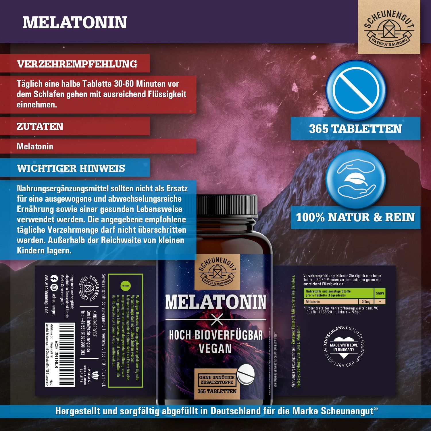 Flasche mit Melatonin-Tabletten. Text: 365 Tabletten, 100% Natur & Rein. Zutaten: Melatonin. Logo: Scheunengut. Text: Vegan.