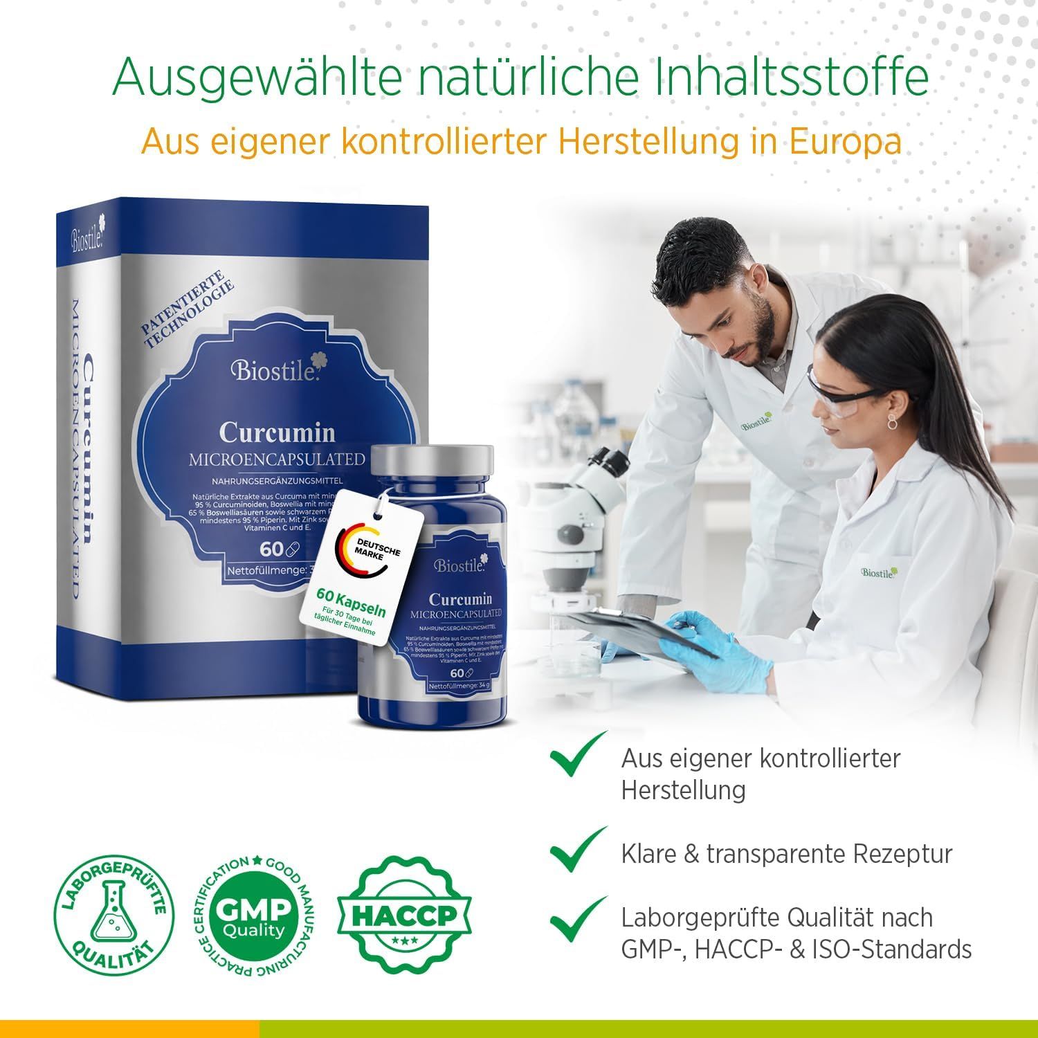 Wissenschaftler im Labor mit Biostile Curcumin Produkt.