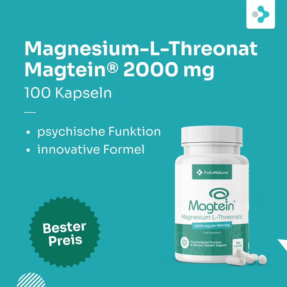 Flasche FutuNatura Magnesium L-Threonat Magtein® 2000 mg, 100 Kapseln. "Bester Preis"-Siegel.