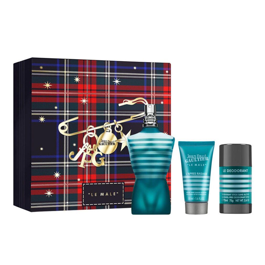 Geschenkset mit Flakon, Tube und Deostift. Flakon in Torsoform, blau. Verpackung mit Tartanmuster und Schmuck.