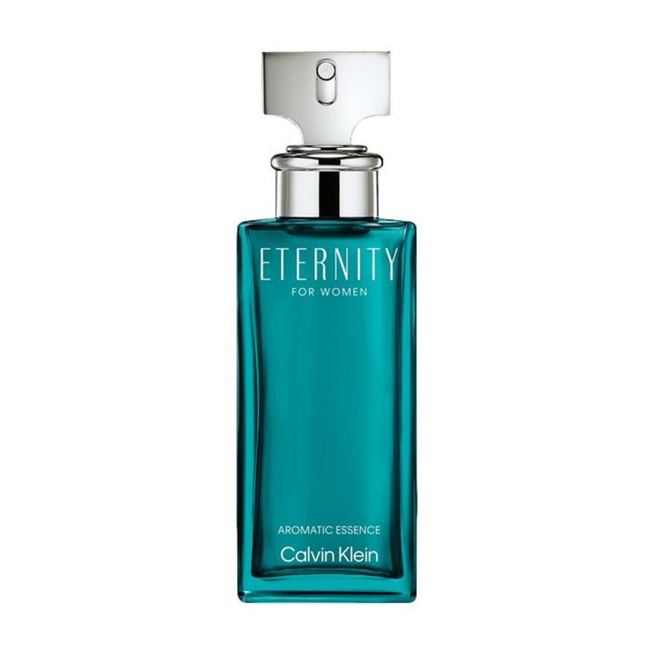 Türkisfarbener Flakon. Aufschrift: Eternity for Women, Aromatic Essence, Calvin Klein. Silberner Verschluss.