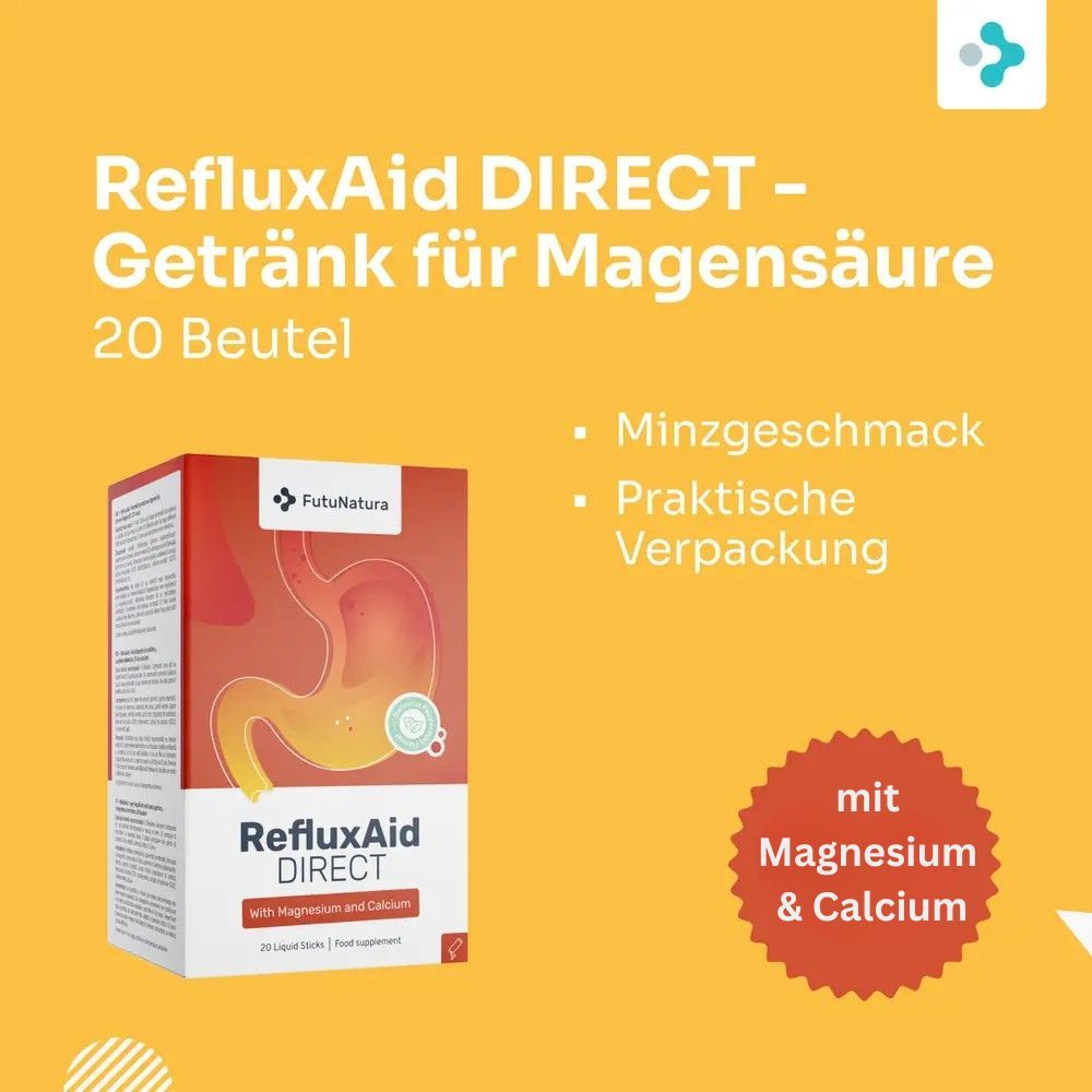 Produktpackung mit Aufdruck: RefluxAid DIRECT, mit Magnesium und Calcium. 20 Liquid Sticks.