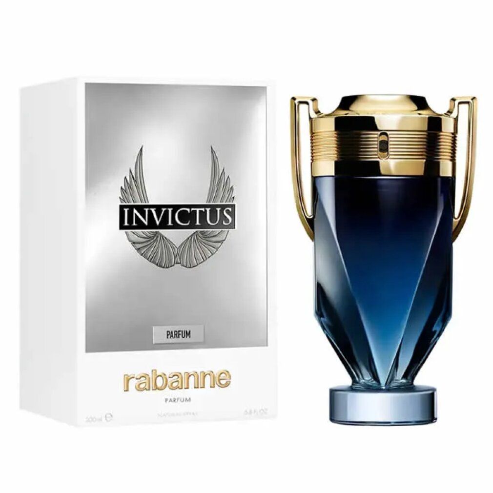 Invictus Parfum-Flakon neben weißer Schachtel. Schachtel mit Logo, Schriftzug Invictus und Rabanne. Flakon mit goldfarbenem Deckel.