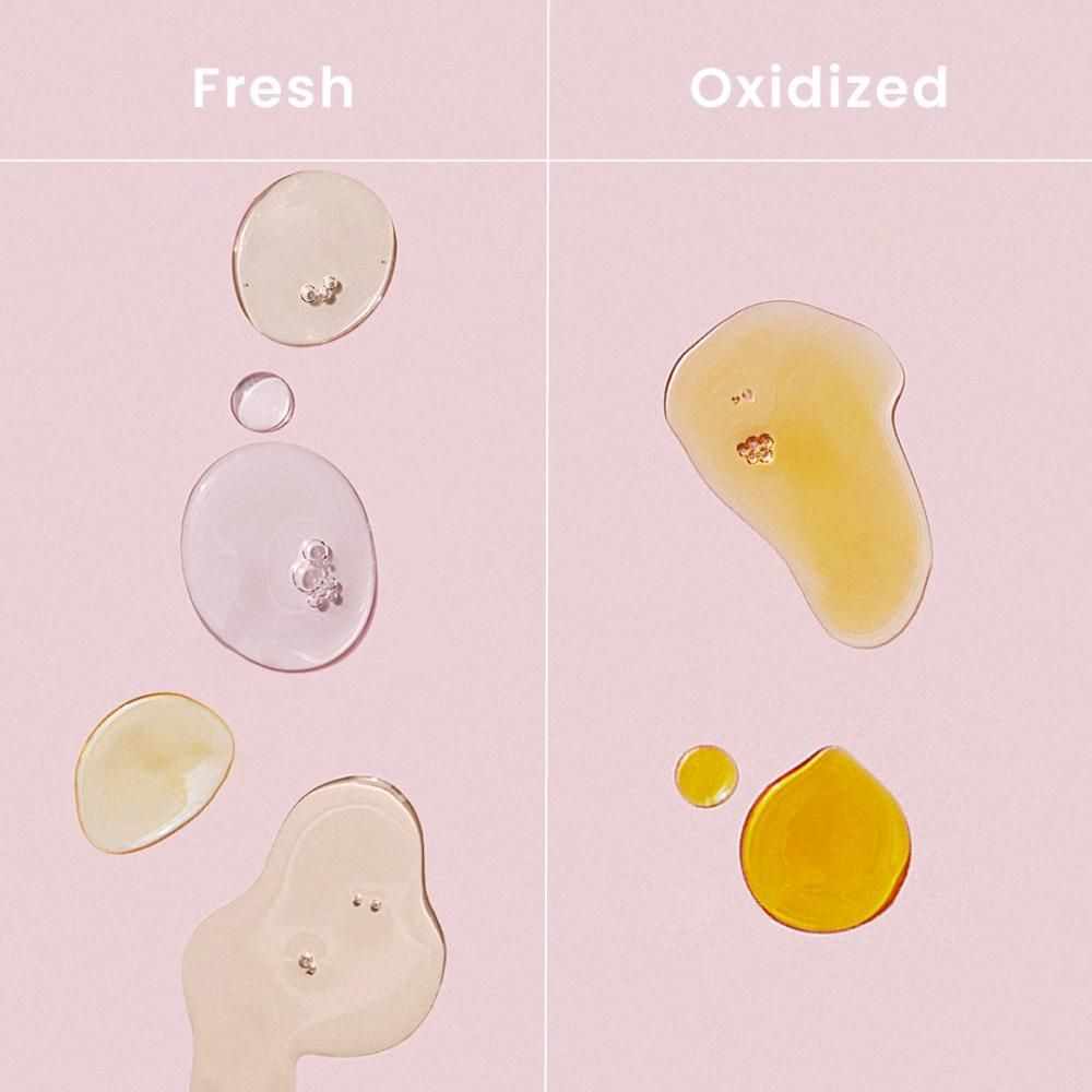 Zwei Gruppen von Flüssigkeitstropfen. Links: hell. Rechts: gelblich-braun. Beschriftung: Frisch und Oxidiert.
