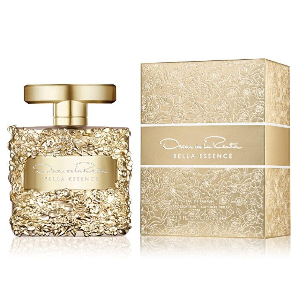Goldfarbener Flakon und Schachtel. Aufschrift: Oscar de la Renta Bella Essence. Floral gemusterte Verpackung.