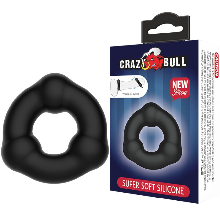 Verpackung mit schwarzem Penisring. Marke: Crazy Bull. Text: Super Soft Silicone.