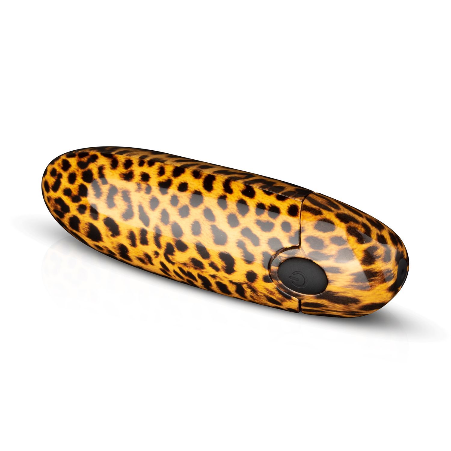 Vibrator mit Leopardenmuster. Ovale Form. Schwarzer Knopf. Auf weißem Hintergrund.