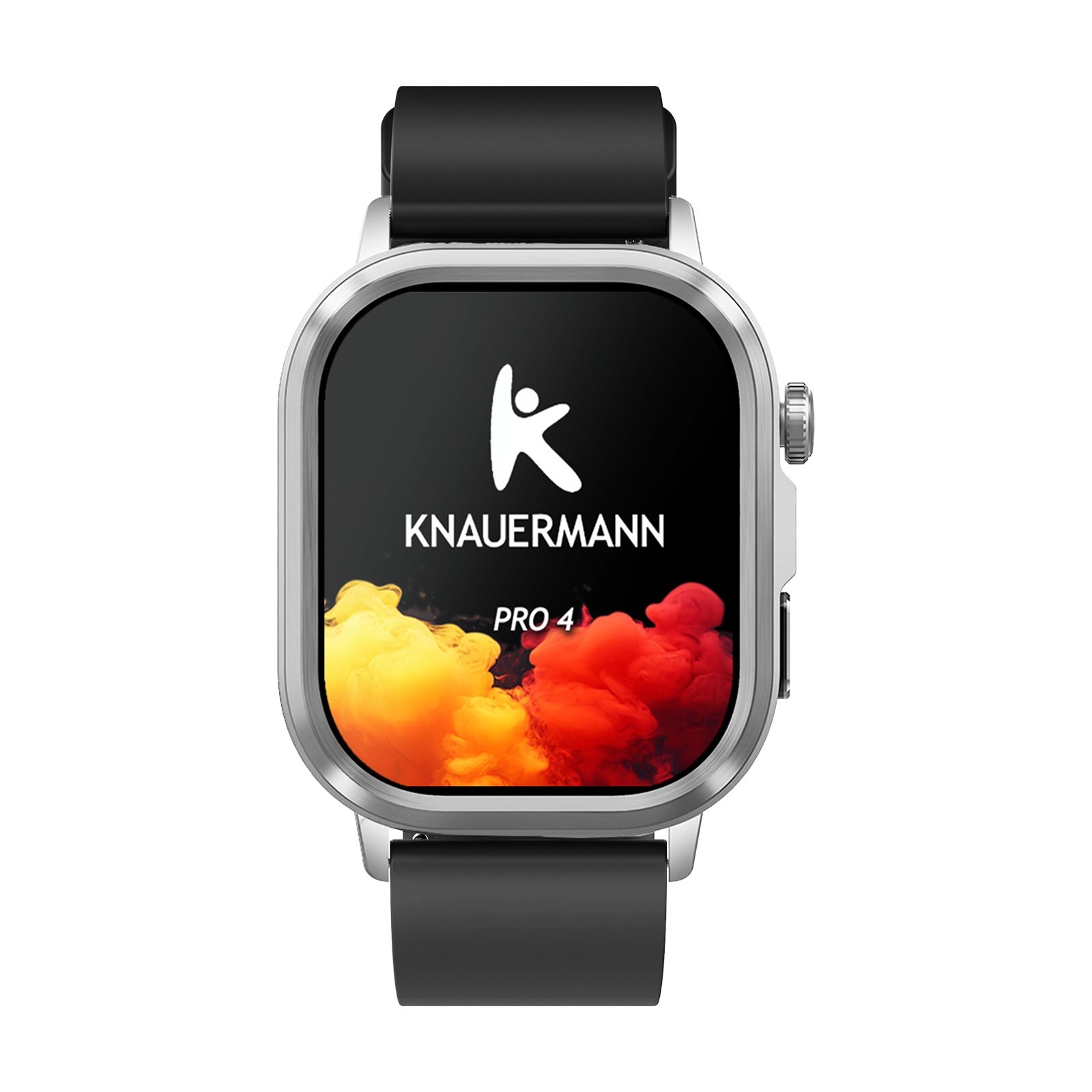 Smartwatch mit schwarzem Armband und silbernem Gehäuse. Display mit Logo und PRO 4 Schriftzug.