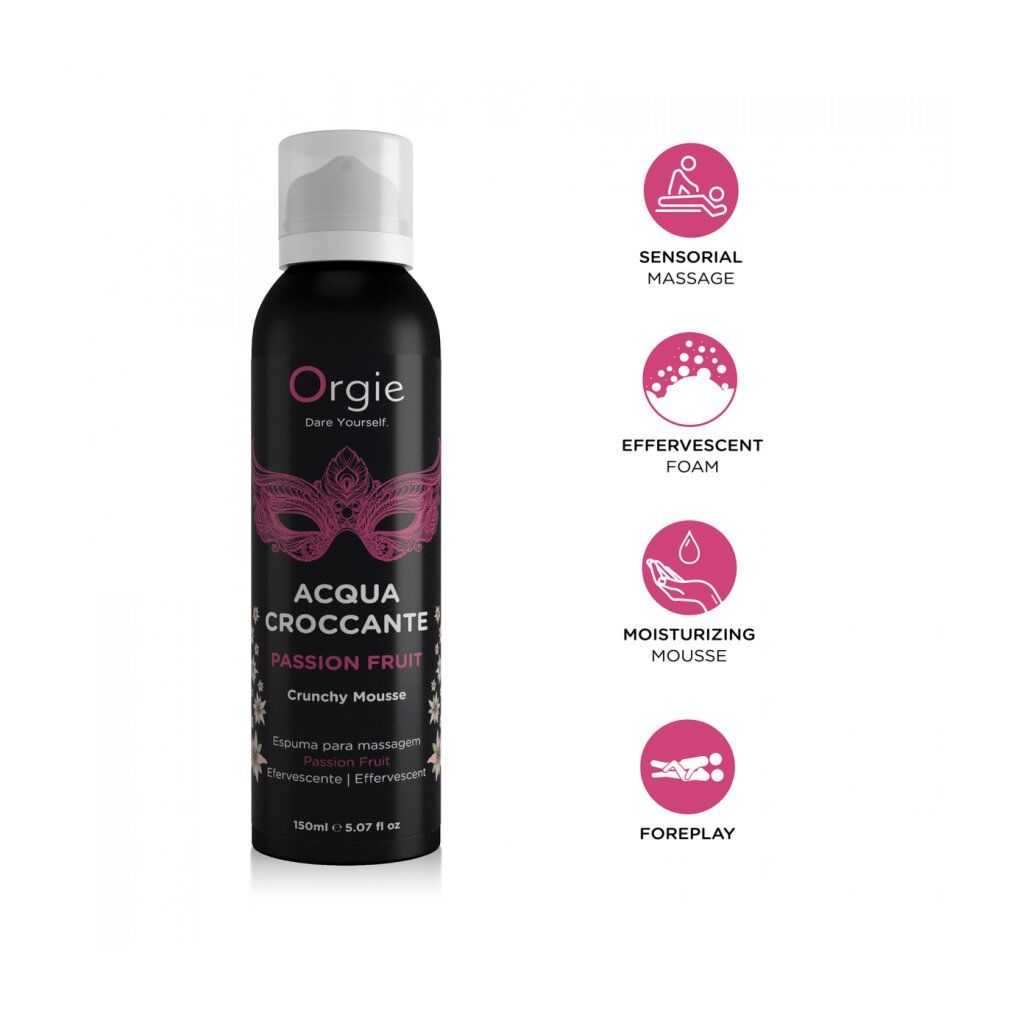 Orgie Acqua Croccante Passionsfrucht 150 ml mit Icons für Massage, Schaum, Feuchtigkeit und Vorspiel.