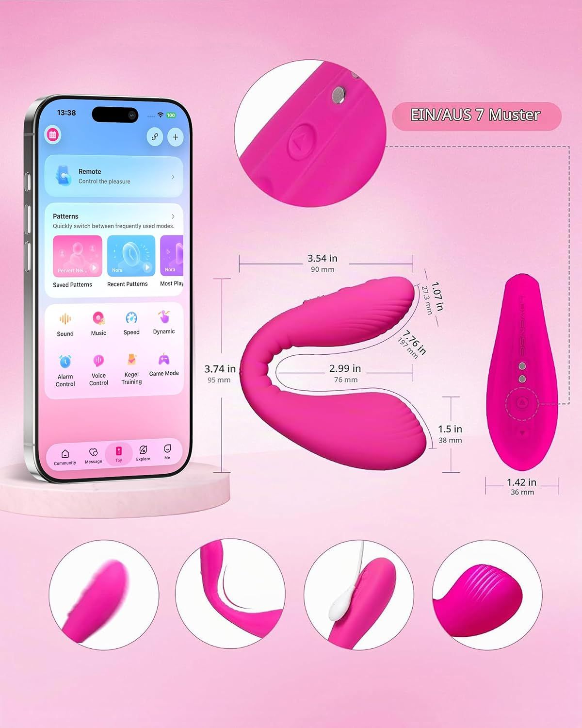 App-gesteuerter, rosa Vibrator mit detaillierten Abmessungen und Ansichten.