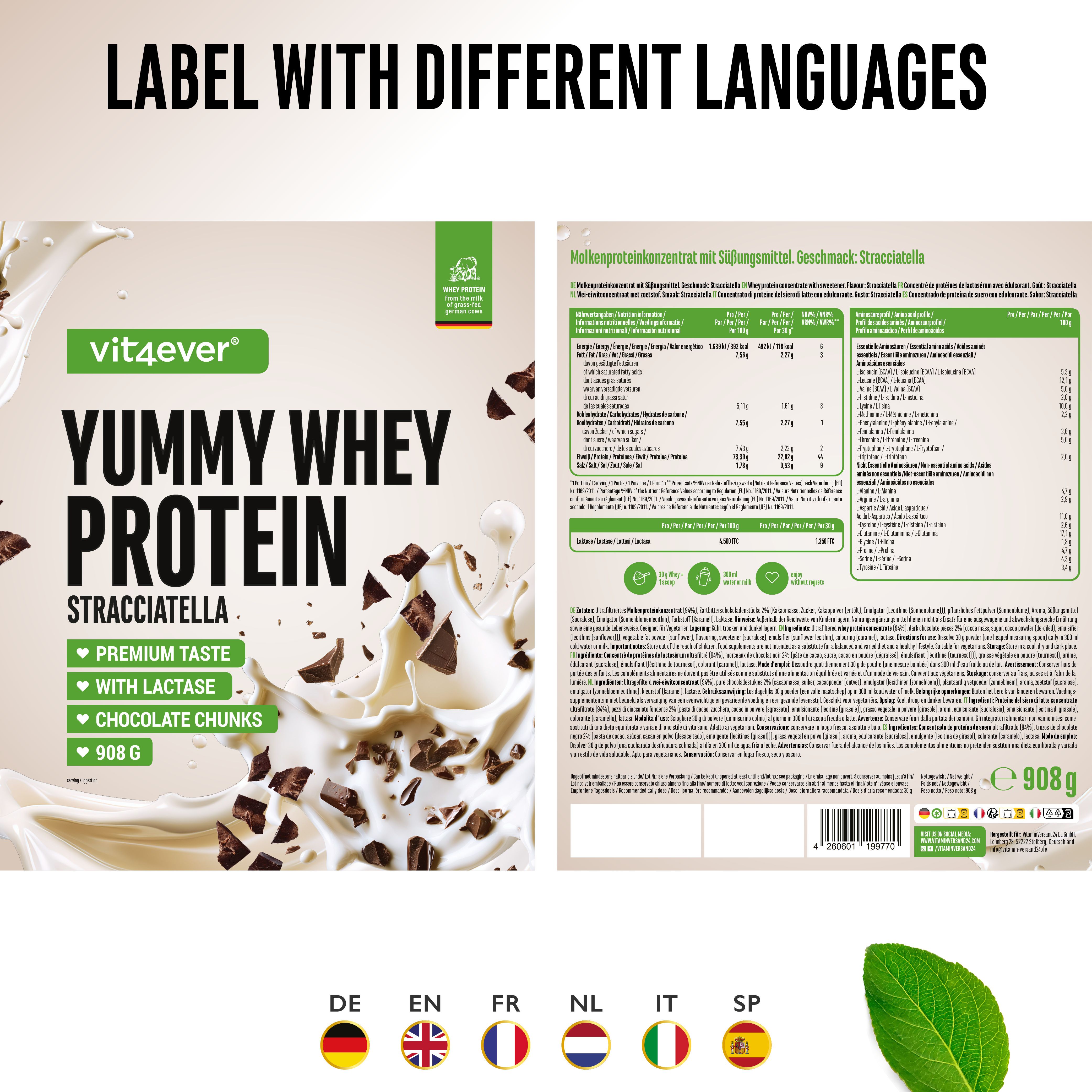 Verpackung von Yummy Whey Protein mit verschiedenen Sprachversionen. Enthält Nährwertinformationen und Zutaten.