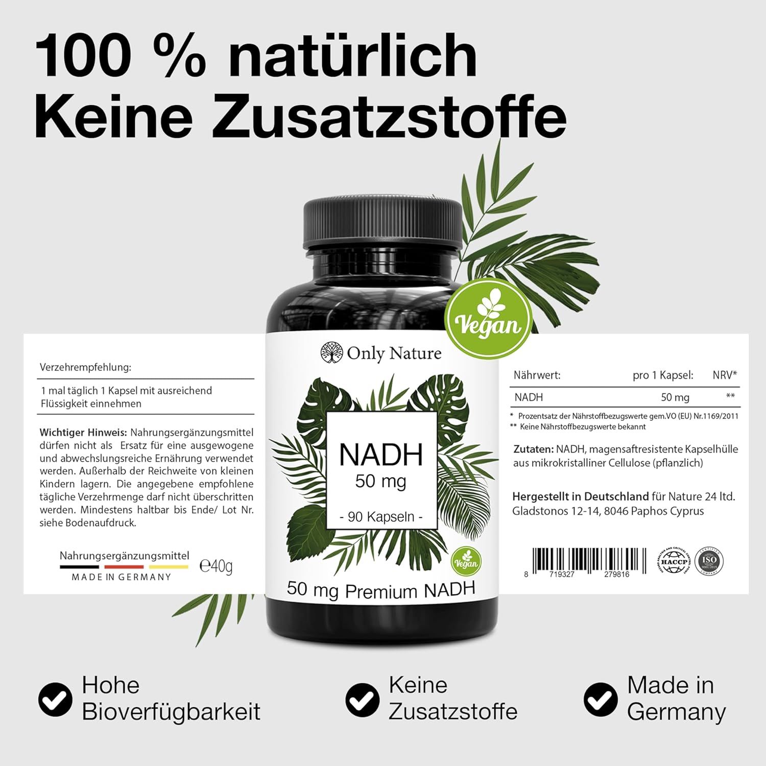 Flasche Only Nature NADH Kapseln. Text: 100% natürlich, keine Zusatzstoffe. Nährwerttabelle, Verzehrempfehlung, vegan.